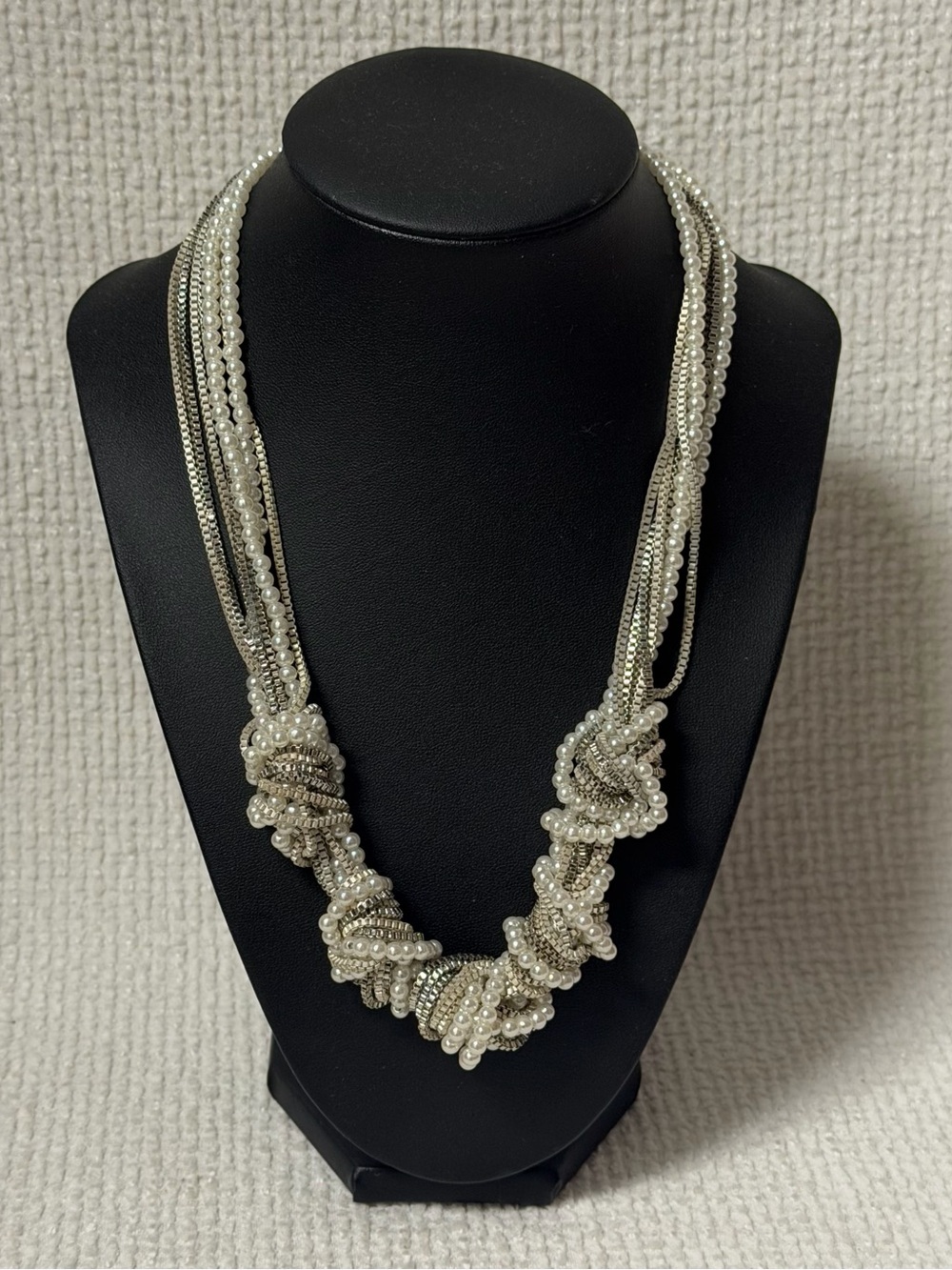 Vintage Art Deco Style Faux Pearl Knots and Silver Chain  Costume  Necklace